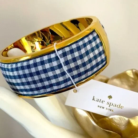KATE SPADE NWT BANGLE BRACELET NAVY WHITE CHECK SET SAIL WITH DUST BAG - Picture 8 of 10